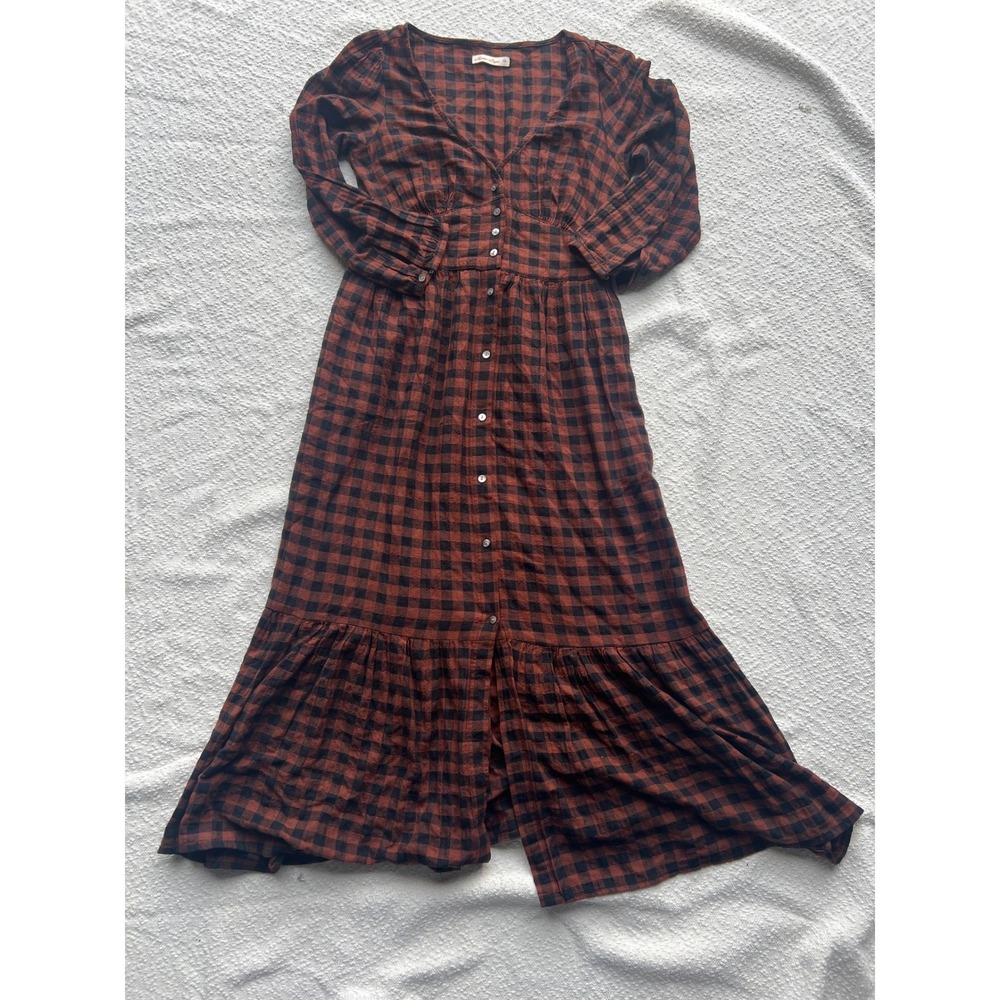 Marine Layer Rust Black Plaid Button Front Midi Dress Tencel Wool Blend XS